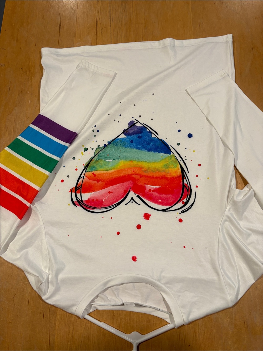 Rainbow ~ White Long Sleeve Top with Rainbow Heart and Striped Sleeves - Rainbow